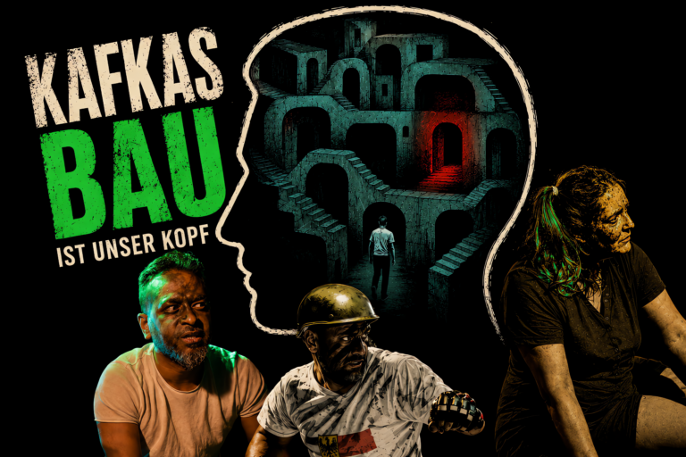 Thumbnail "Kafkas Bau ist unser Kopf" mit Theaterensemble, Labyrinth aus Treppen und Gängen in Kopfsilhouette, Theaterstück nach Kafkas "Der Bau"
