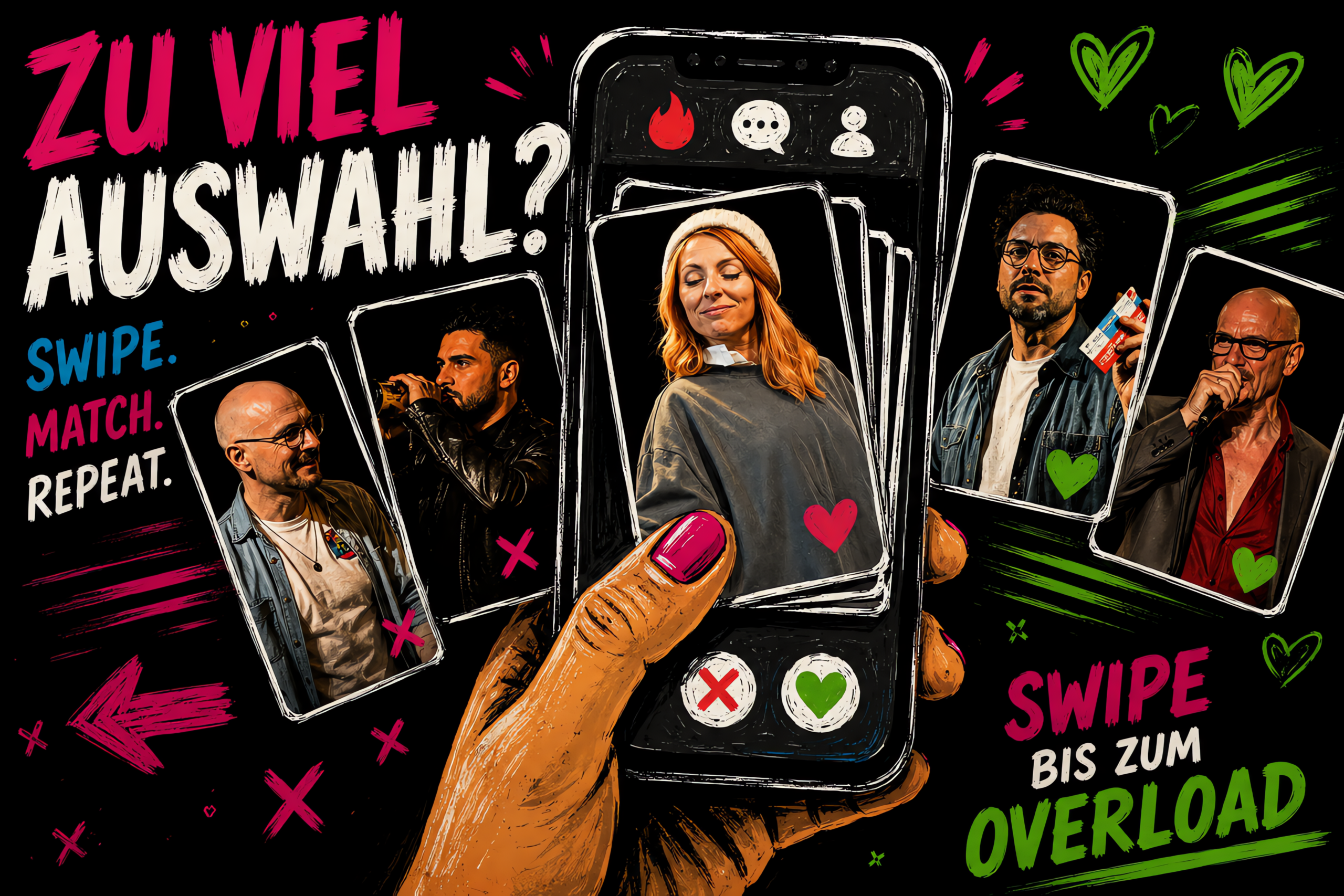 Thumbnail "Zu viel Auswahl? Swipe bis zum Overload" mit Hand am Smartphone in Dating-App-Optik, umgeben von Spielerporträts als Profilkarten, Theaterstück Swipe Me Right von Play B