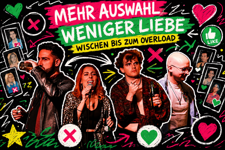 Buntes Thumbnail mit freigestellten Schauspieler*innen aus dem Theaterstück »Swipe! Me! Right!«, umgeben von gezeichneten Herzen, Swipe-Symbolen und dem Schriftzug »Mehr Auswahl, weniger Liebe – Wischen bis zum Overload