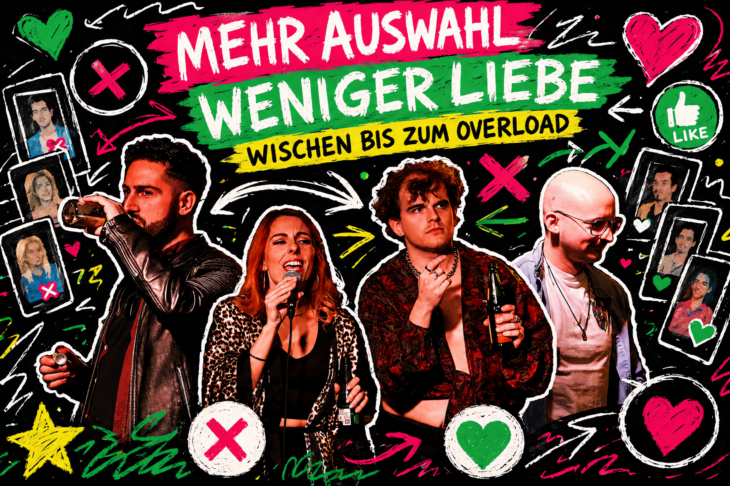 Buntes Thumbnail mit freigestellten Schauspieler*innen aus dem Theaterstück »Swipe! Me! Right!«, umgeben von gezeichneten Herzen, Swipe-Symbolen und dem Schriftzug »Mehr Auswahl, weniger Liebe – Wischen bis zum Overload
