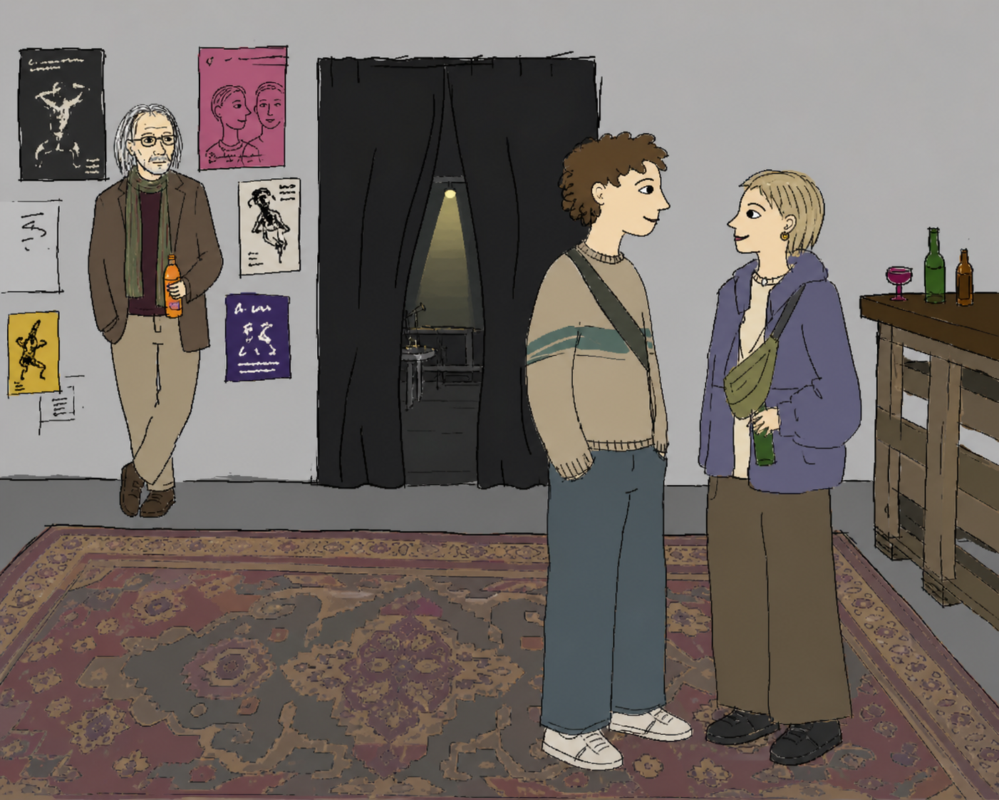 Theaterpublikum in einer kleinen Off-Bühne: ein älterer Herr mit Limo, ein junges Pärchen vor dem Bühneneingang — Illustration zum Theaterpublikum in der freien Szene